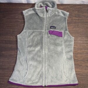 Patagonia Womens Medium Sherpa Re-Tool Vest Fleece Gray Purple Chest Pocket